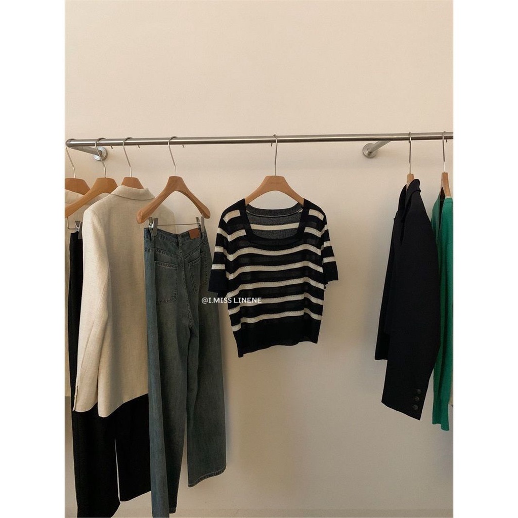 Áo Thun Tay Ngắn Cổ Vuông Họa Tiết Kẻ Sọc Thời Trang Mùa Hè 2022 Phong Cách Hong Kong Hàng Mới Dành Cho Bạn Nữ