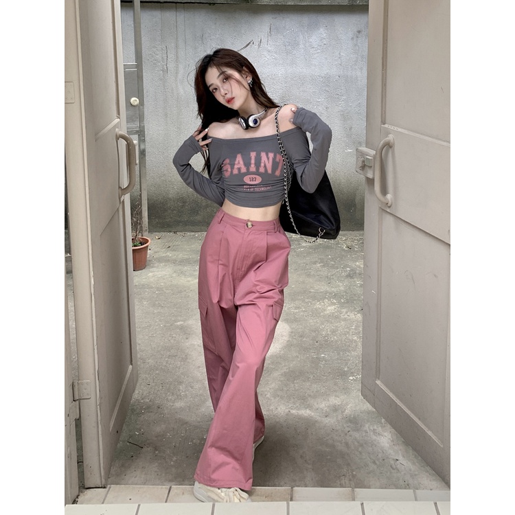 Nevaeh Áo Thun Mỏng Tay Dài Hở Vai Màu Xám Phong Cách retro Mỹ Dễ Phối Đồ Dành Cho Nữ áo croptop