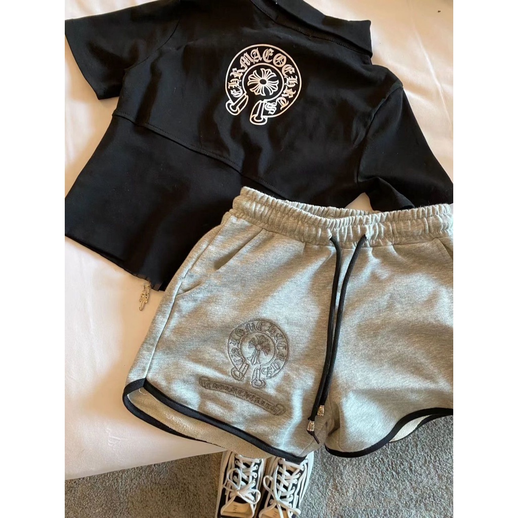 Set Áo Thun POLO + Quần Short Thêu Họa Tiết Hoa Màu Sắc Tương Phản Thời Trang Mùa Hè Cho Nữ