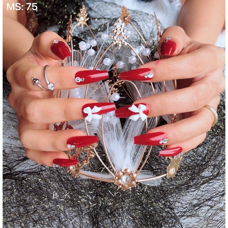 Móng tay giả,Nail box thiết kế,dáng dài, nơ,kèm keo gắn