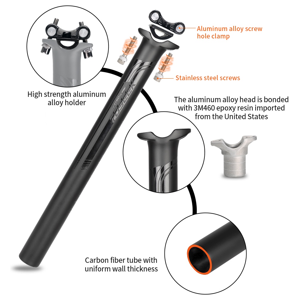 Cốt Yên Xe Đạp Leo Núi Tosek 27.2 / 30.8 / 31.6mm Dài 400mm Chất Liệu Sợi Carbon Màu Đen Nhám