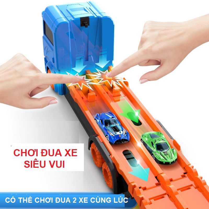 Ô tô đồ chơi xe tải 3 tầng kèm 8 xe đua nhỏ mô hình đường đua xe dài 1.65 - 2m có thể gấp gọn cho bé, quà tặng sinh nhật