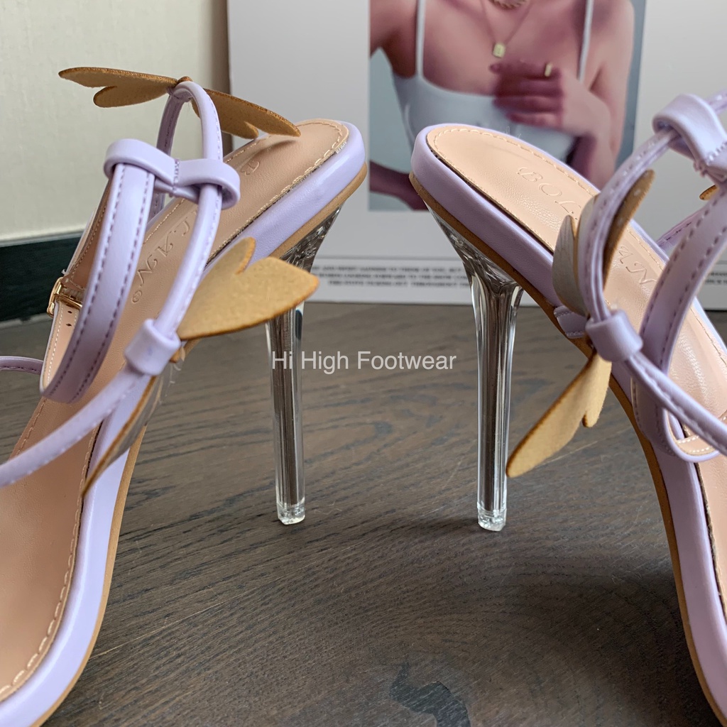 Giày sandals cao gót màu tím dây mảnh đính hoa sexy cho nữ đi tiệc 2023
