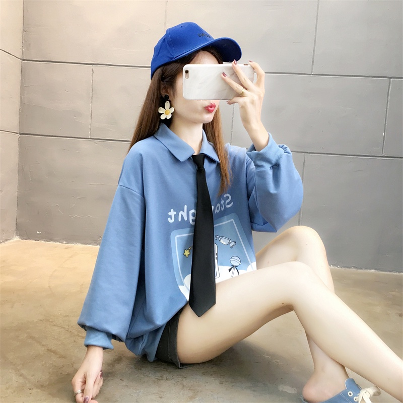 IELGY  Áo sweater Cổ polo Tay Dài Dáng Rộng Cỡ Lớn Thời Trang Cho Nữ