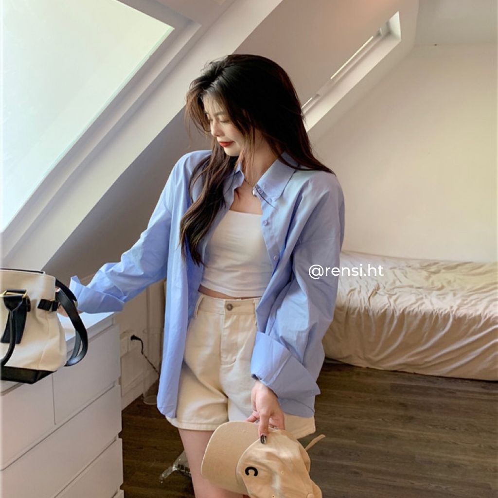 Áo sơ mi phông rộng thiết kế tay dài màu xanh pastel ulzzang RENSI