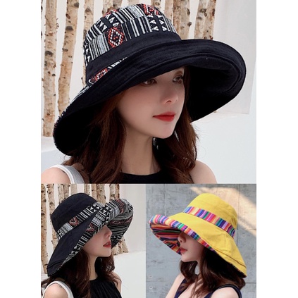 Mũ Chống Nắng Tia UV Rộng Vành Cao Cấp Kiểu Dáng Thổ Cẩm, Nón Chống Nắng Gấp Gọn Đội 2 Mặt
