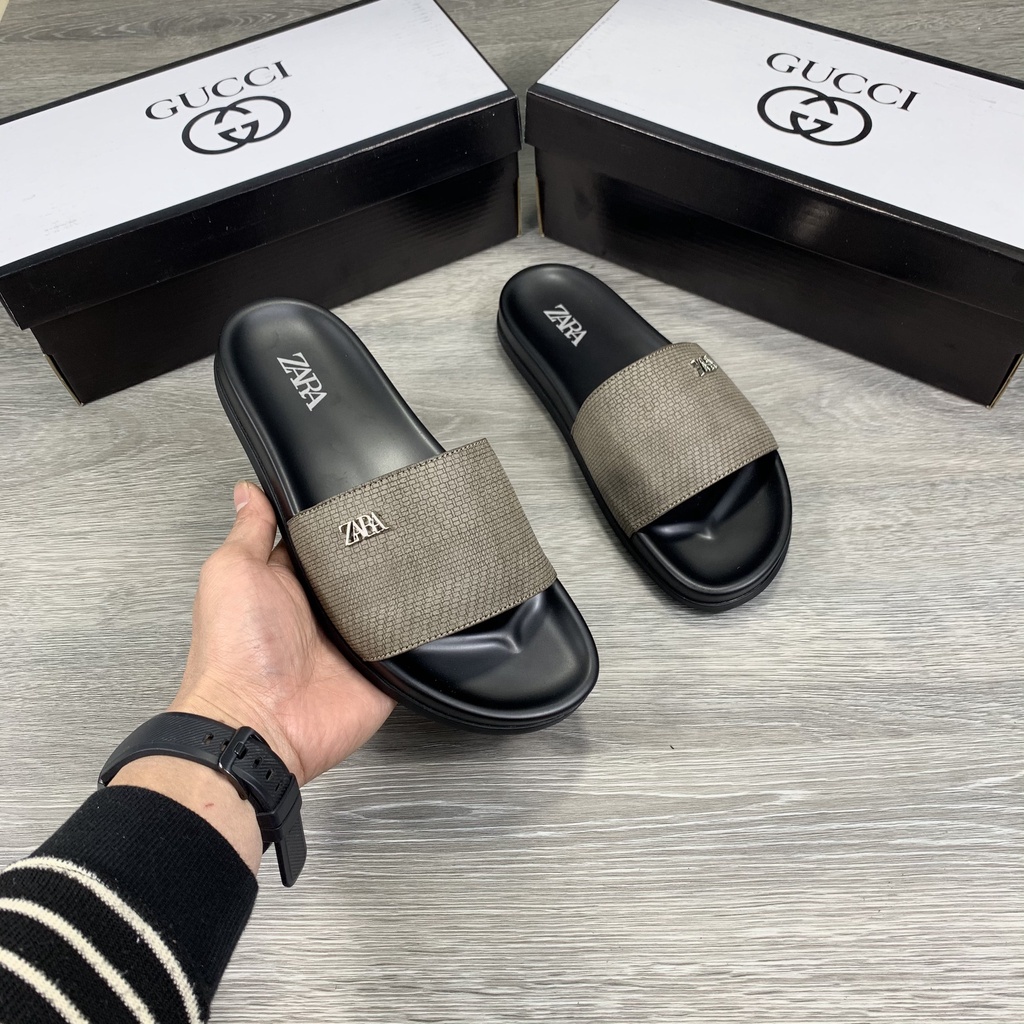 Dép Nam ZARA. Mạnh Cường, Dép nam quai ngang 1 bản quai xám đế cao su mặt kem