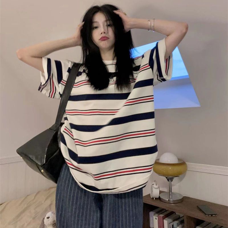 Jiashucheng Áo Thun Nữ Ngắn Tay Cổ Tròn Sọc Ngang Thời Trang Mới