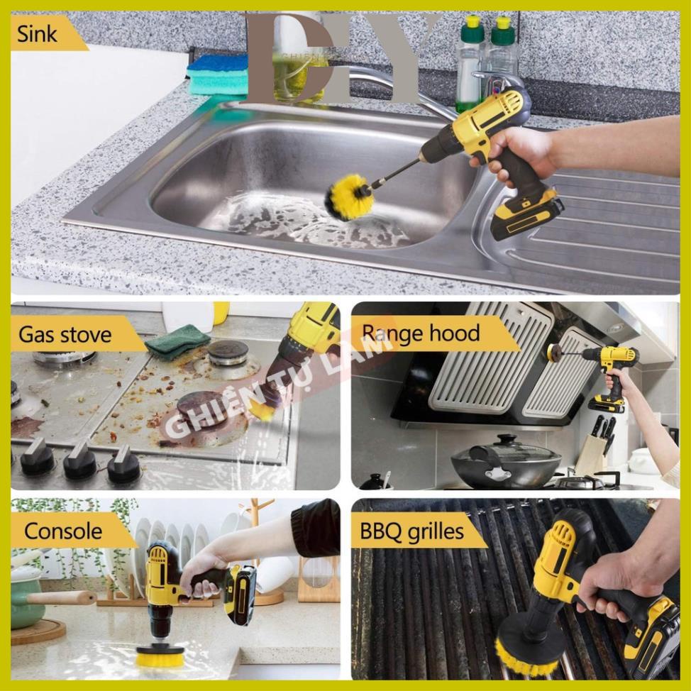 Bộ Bàn Chải Gắn Máy Khoan Cọ Rửa Xe Đánh Bóng Cầm Tay Đa Năng Dụng Cụ Vệ Sinh Nhà Cửa Chổi Chà Toilet Bồn Cầu Bằng Điện