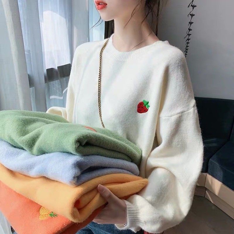 Áo len tay phồng thêu hình quả dễ thương trước ngực - Có ảnh thật