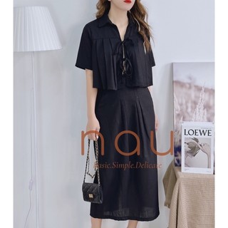 Set linen áo phối dây cột chân váy midi