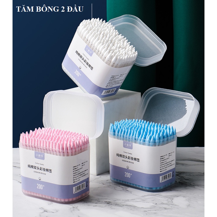 Hộp 200 tăm bông 2 đầu vệ sinh tai mũi - tiện lợi, sạch sẽ giao màu ngẫu nhiên