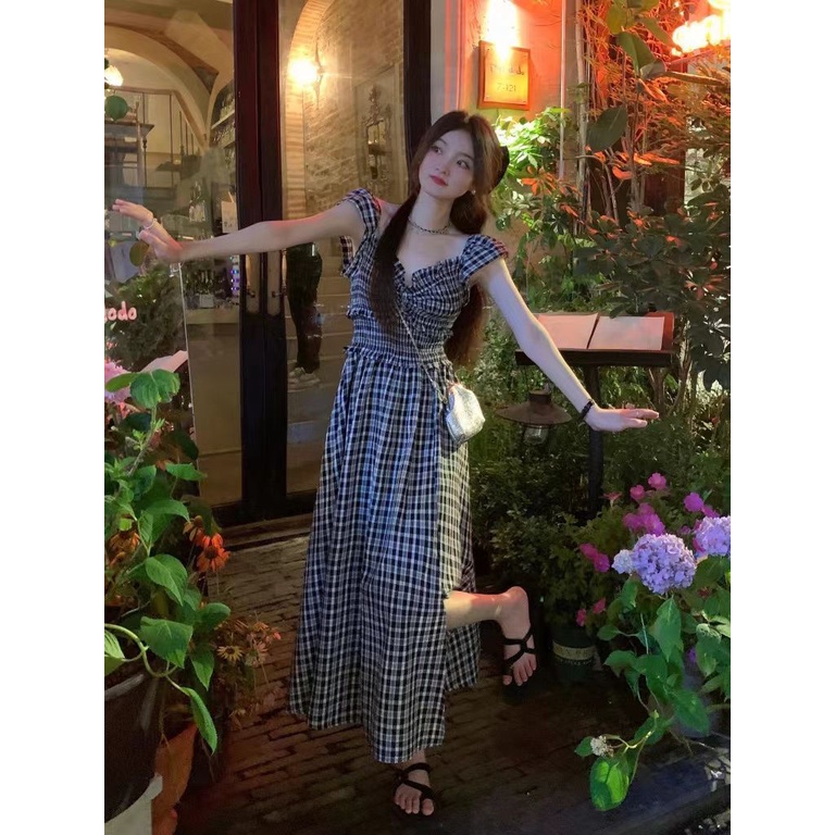 COZOK Đầm Ngắn Tay Cổ Chữ V Phối Bèo Họa Tiết Caro Nữ Tính