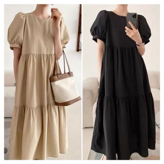 Đầm BBD dáng dài xòe tầng tay bồng may bo cổ tròn cài nút sau cổ 2 màu freesize Pumi