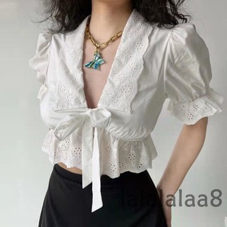 Laa8-áo sơ mi băng mùa hè dành cho nữ, Áo Crop top Crop top cổ chữ V màu trơn xù