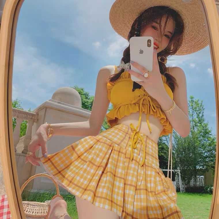 Bộ Đồ Bơi Lưng Cao Họa Tiết Sọc Caro Xinh Xắn Dễ Thương Cho Nữ