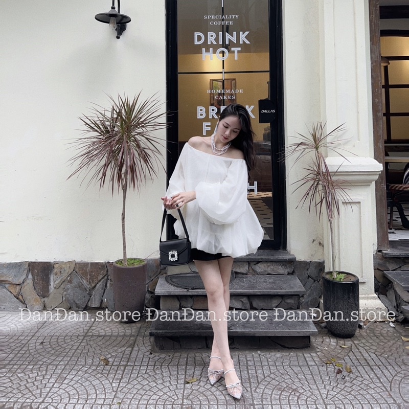 Áo tơ trễ vai dáng bồng tiểu thư công chúa