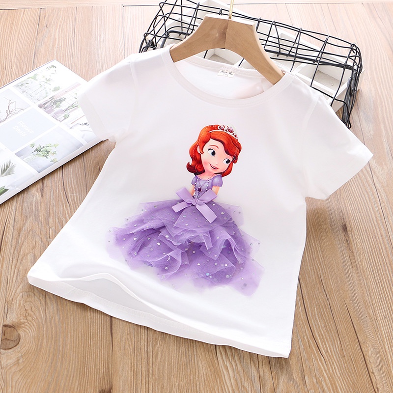 Sun baby Áo Thun Tay Ngắn In Hình Công Chúa Disney Thời Trang Mùa Hè Thoải Mái Cho Bé Gái 1-7 Tuổi