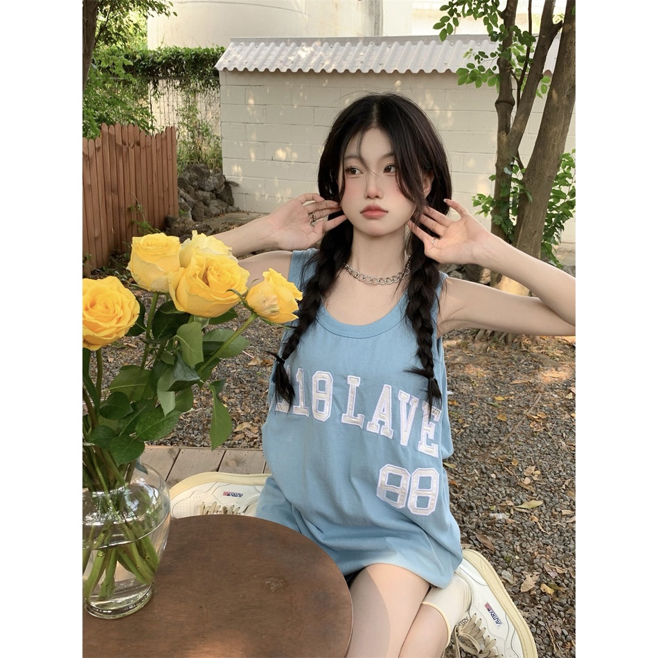 Áo Thể Thao Không Tay Dáng Rộng Thêu Họa Tiết Đơn Giản Theo Phong Cách Mùa Hè Hàn Quốc