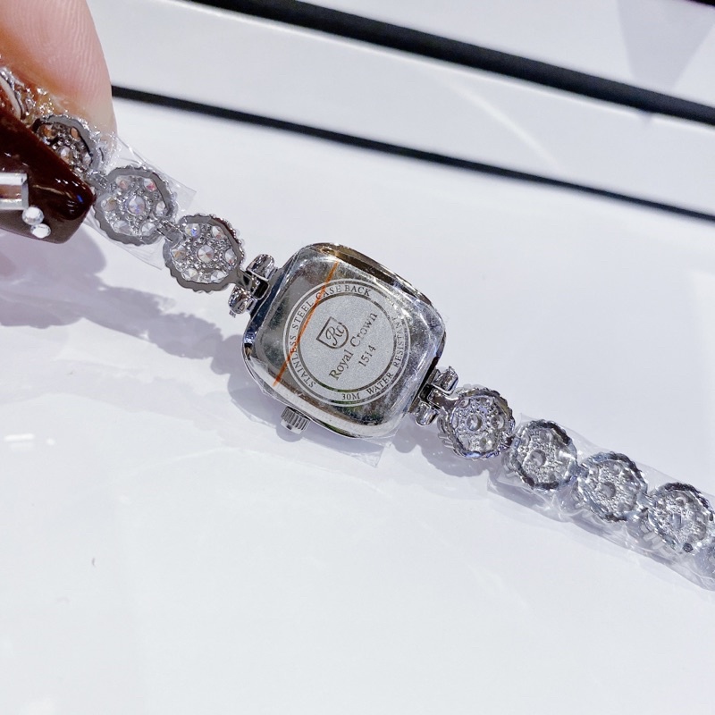 Đồng Hồ Nữ Royal 1514 Crown Chính Hãng Dây Kim Loại mặt vuông Đính Đá Chống Nước Chống Xước