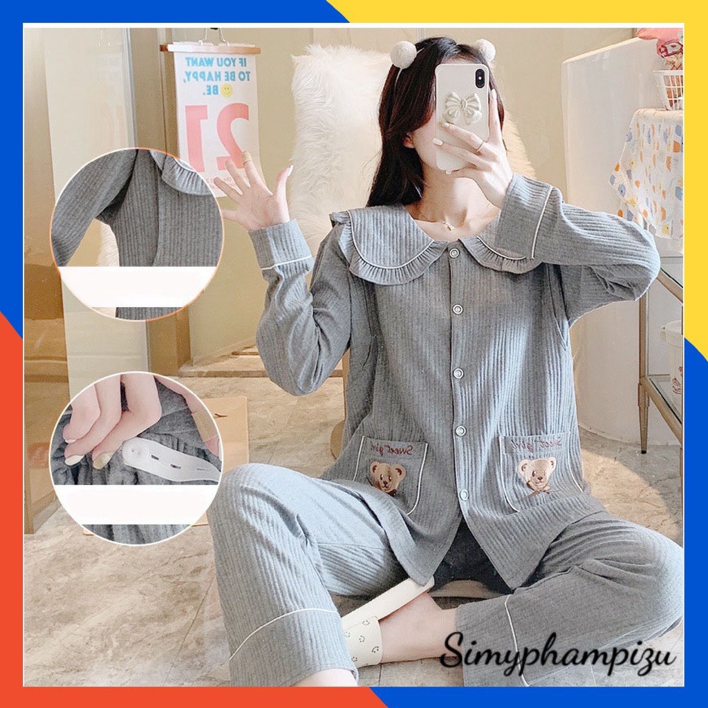 Bộ đồ bầu pyjama viền bèo, áo dài quần dài chất ĐŨI GÂN đẹp mặc bầu và sau