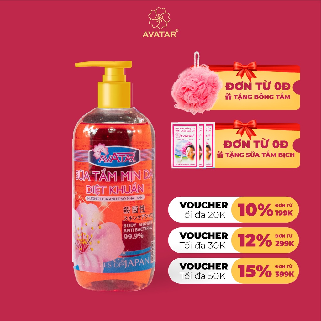 Sữa tắm mịn da diệt khuẩn 99.9% AVATAR - Hương hoa Anh Đào - Công nghệ và chất lượng Nhật Bản 500ml