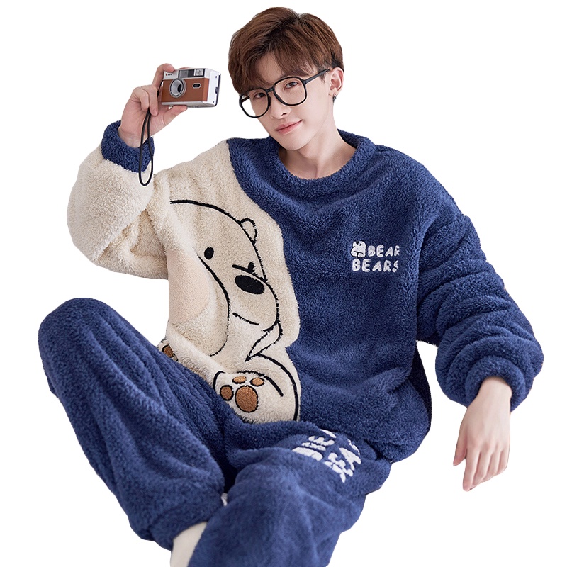 Bộ Đồ Ngủ Chất Liệu Nhung Nỉ Ấm Áp Họa Tiết Chú Gấu Dễ Thương Thời Trang Thu Đông Cho Nam