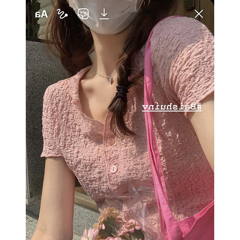 Áo kiểu nữ croptop xốp nhăn viền bèo cổ tim MS693