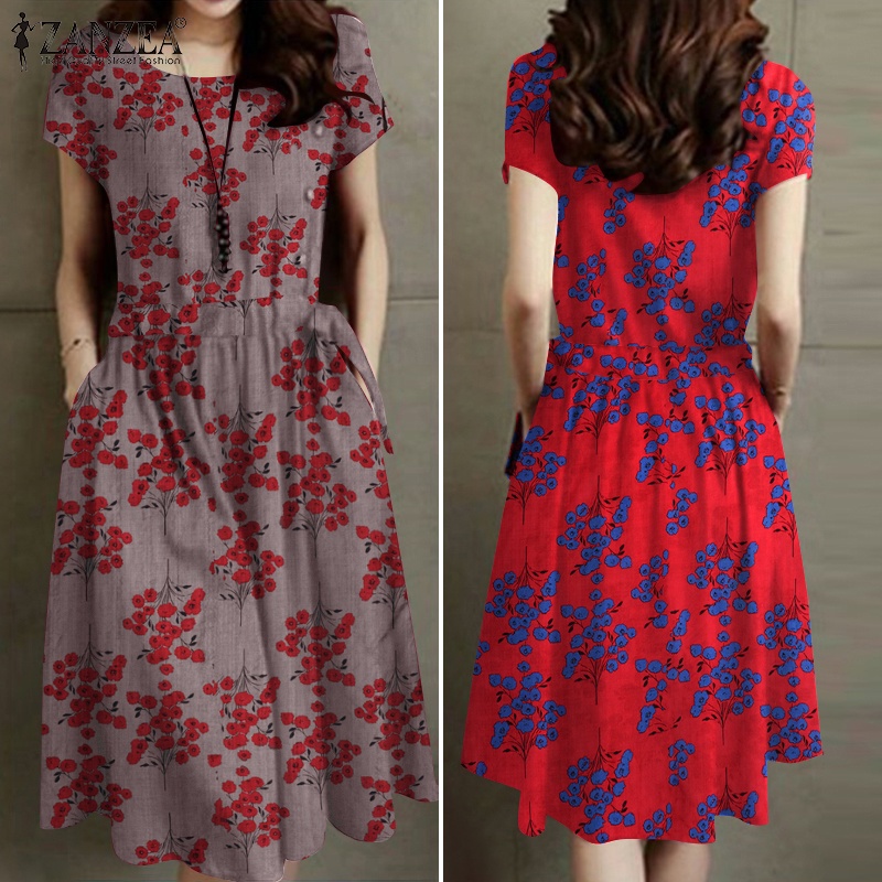 Đầm ZANZEA dây rút ngắn tay in họa tiết caro phong cách Hàn Quốc cho nữ