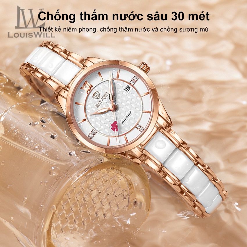 Đồng hồ đeo tay nữ LOUISWILL bằng gốm mỏng cổ điển máy thạch anh chống nước 30M với kim dạ quang
