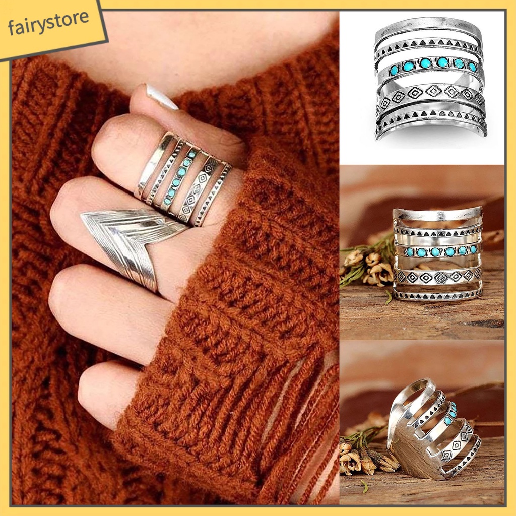 [Fairy1] Nhẫn Nhiều Lớp Họa Tiết Biểu Tượng Đính Đá Ngọc Lam Phong Cách Bohomian Cho Nữ