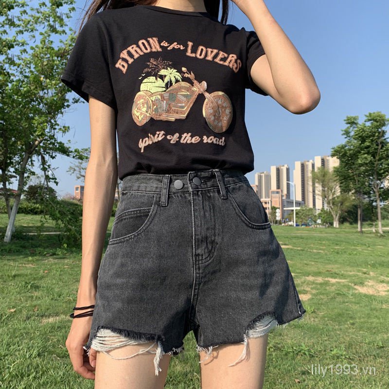 Quần Short Denim Mỏng Dáng Chữ a Ống Rộng Lưng Cao Màu Xám Khói Phong Cách Hàn Quốc Thời Trang Mùa Hè 2023 Mới Cho Nữ