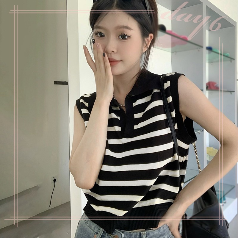 1 Áo Croptop Dệt Kim Sát Nách Họa Tiết Kẻ Sọc Thời Trang Hàn Quốc Cho Nữ