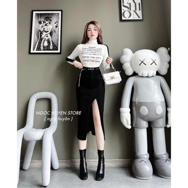 Chân Váy jeans Dài Co Giãn Xẻ Trước, Đính Nút Xịn Đẹp, Đen, Trắng, Xanh