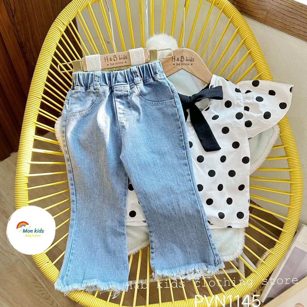 Set quần jean cho bé gái, set đồ cho bé gai, bộ quần bò bé gái, áo bé gái thắt nơ Hàn Quốc