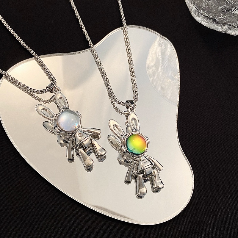 Vòng cổ Mặt Hình Thỏ Bằng Thép Không Gỉ Đính Đá Mặt Trăng Phong Cách Rock Cho Nam Và Nữ