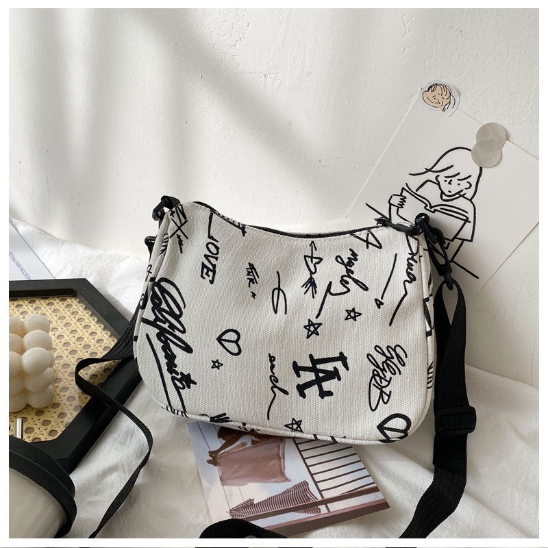 One Túi Vải canvas Đeo Chéo Sức Chứa Lớn In Họa Tiết graffiti Thời Trang Cho Nữ