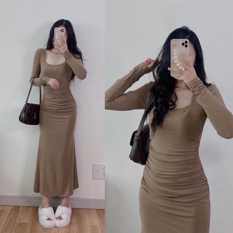 Váy Body Cổ Vuông Dài Tay Nhúm Eo Dáng Dài Đuôi Cá , Đầm Ôm Body Nhúm Eo Tôn Dáng