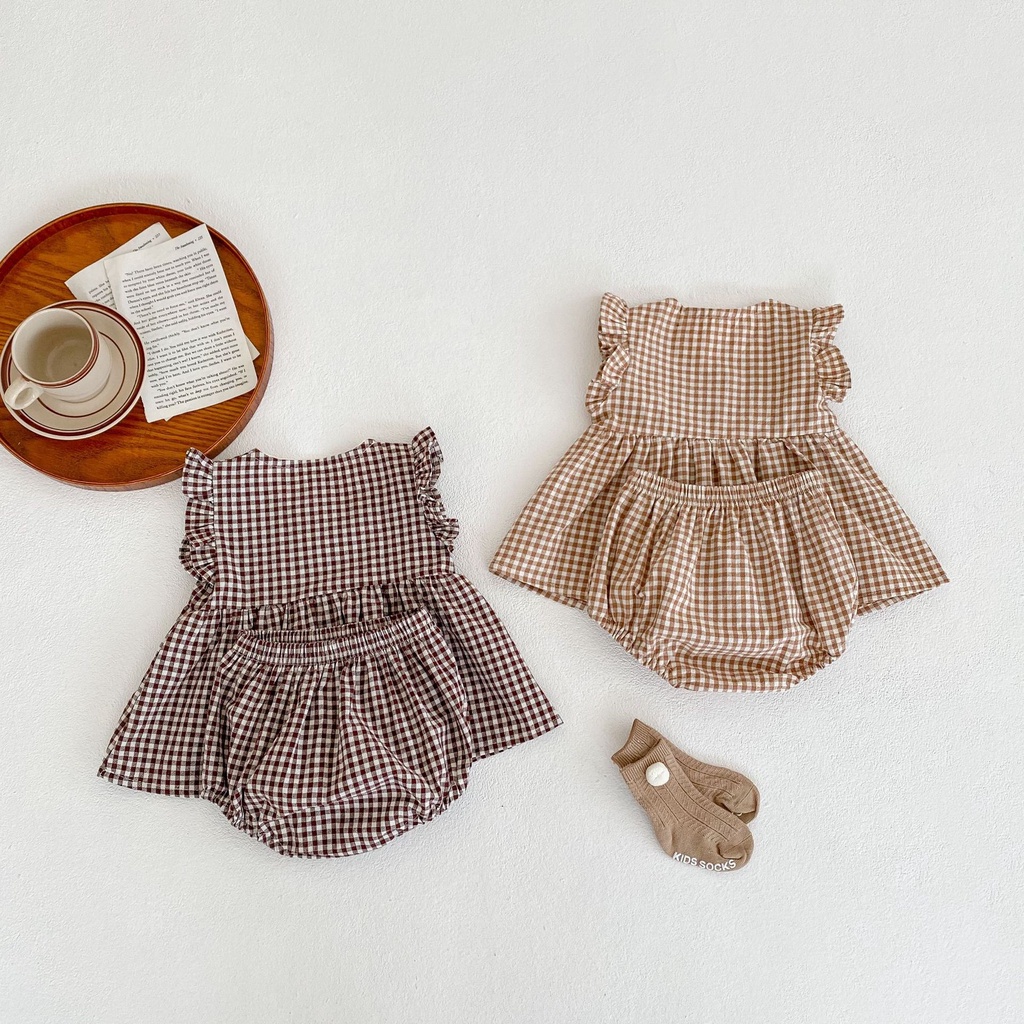 Bộ Đầm Tay Bay Họa Tiết Sọc Caro Kèm Quần Legging Mỏng Thời Trang Xuân Hè Cho Bé Gái