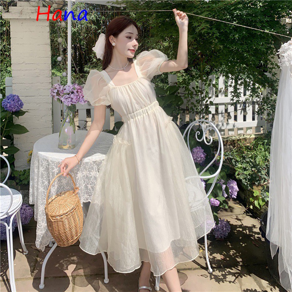 Váy babydoll nữ tay phồng cổ vuông dáng xòe chất voan 2 lớp - hana80