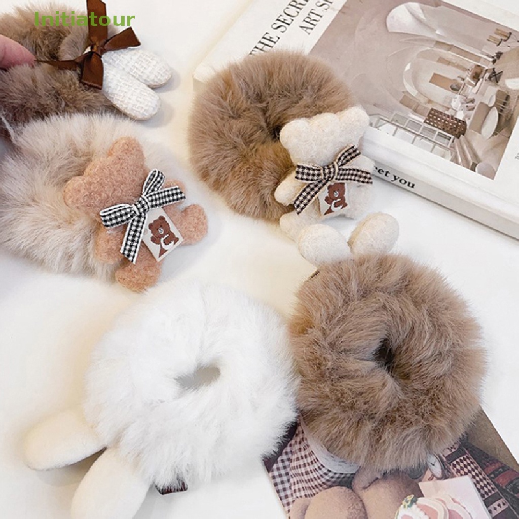 Dây Buộc Tóc Cao Su Đính Lông Trắng Hình Tai Thỏ Và Gấu Đáng Yêu Thời Trang Cho Nữ