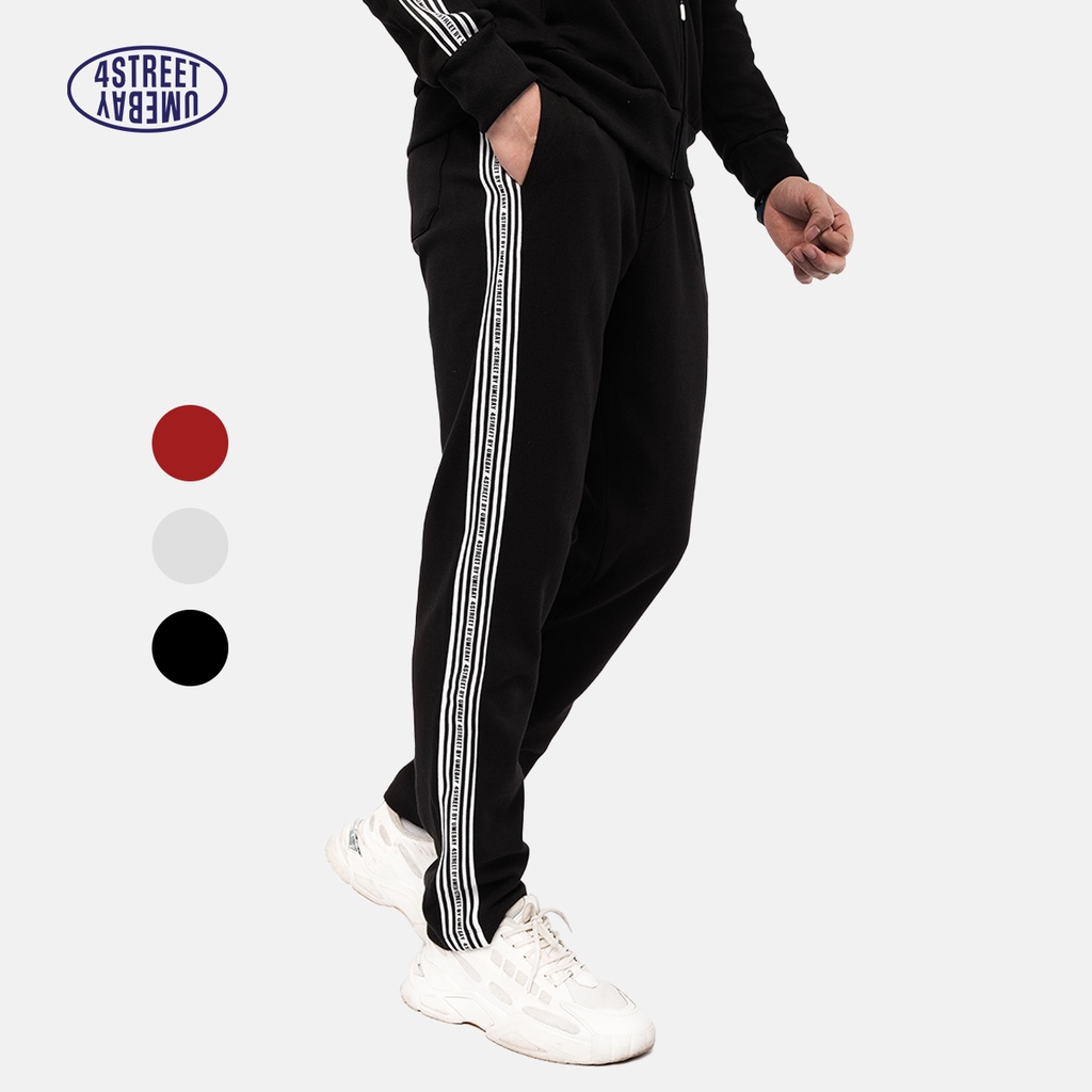 Quần ống suông nam cạp chun dây rút Umebay, vải đen phối sọc đỏ, cotton co giãn thể thao USS62Q