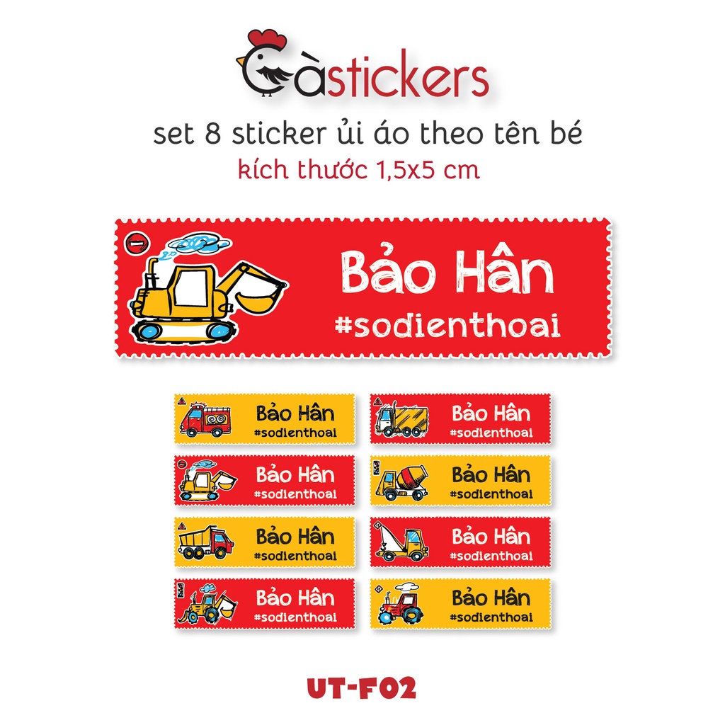 Sticker ủi áo in tên trẻ em GàStickers UT-F02 bộ 8 miếng kích thước 1,5 x 5 cm