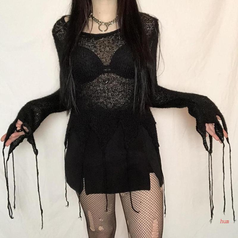 Áo Sweater Cổ Tròn Dáng Dài Phối Tua Rua Màu Đen Phong Cách Gothic Cho Nữ