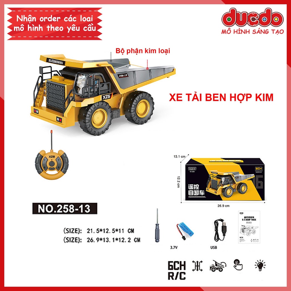 Xe điều khiển từ xa ô tô công trình máy xúc ben múc cẩu ủi gầu và thùng sắt pin sạc cho bé - Đồ chơi mô hình
