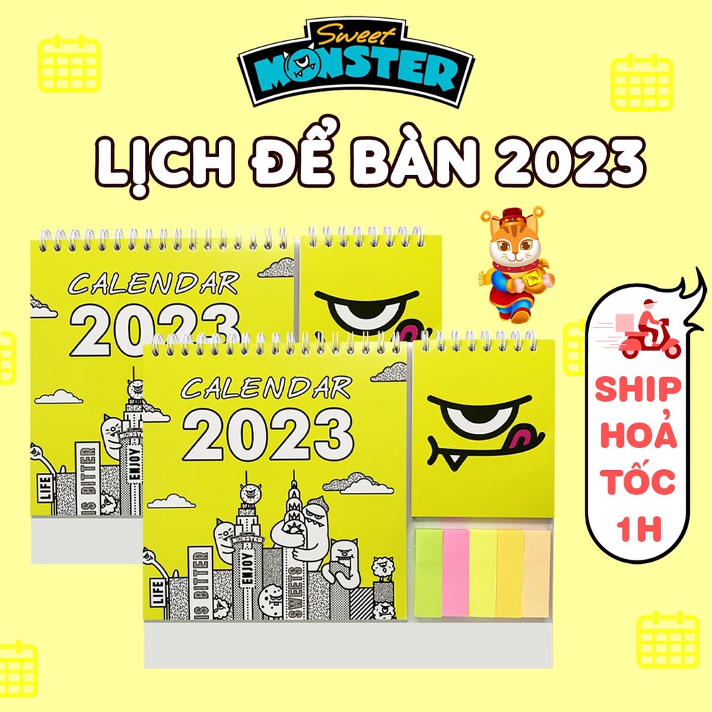 Lịch để bàn 2023 Sweet Monster VN ngày âm dương, sổ tay mini và giấy note ghi chú kế hoạch thiết kế độc quyền