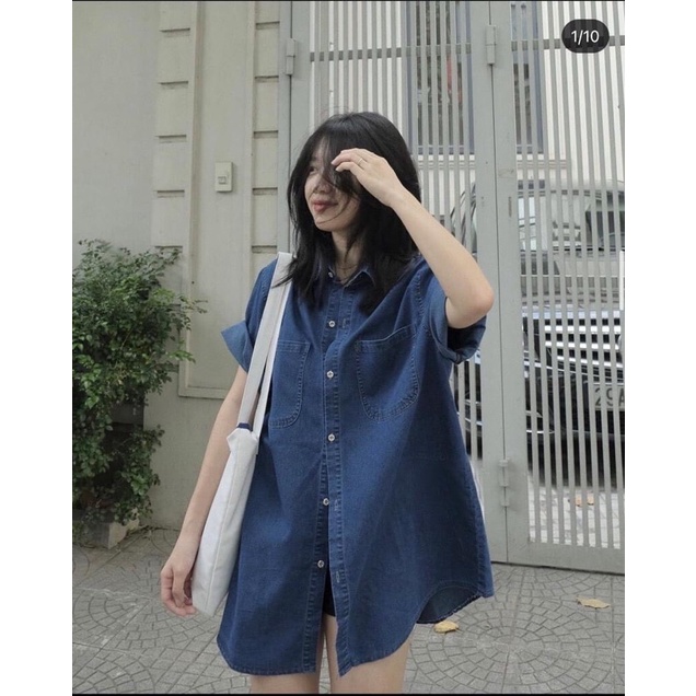 Áo Sơ Mi Bò Denim 2 Túi Vạt Rộng Size S M-Halinh Shop-Áo Sơ Mi Bò Ngắn tay Hàn Quốc