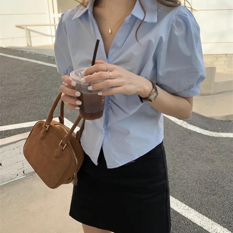 Áo Sơ Mi Tay Ngắn Phồng Ôm Dáng Mẫu Mới 2023 Thời Trang Mùa Hè Phong Cách Hàn Quốc