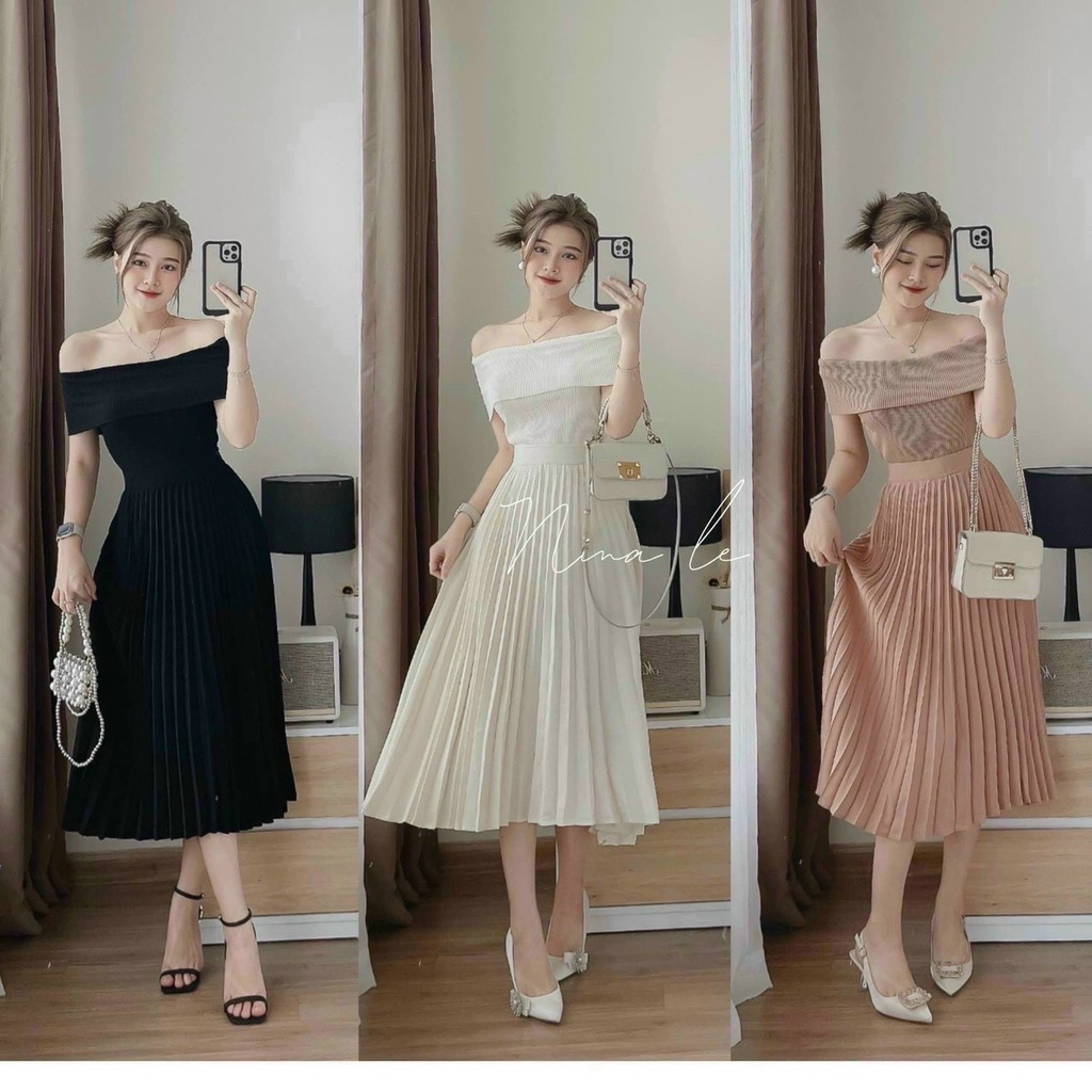 Set bộ nữ áo tay ngắn trễ vai kết hợp chân váy dập ly