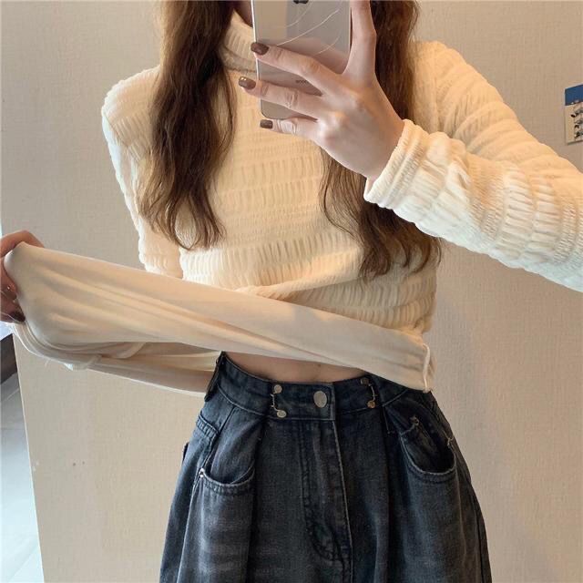 COZOK Áo Thun Dài Tay Cổ Cao Phối Ren Xinh Xắn Dành Cho Nữ